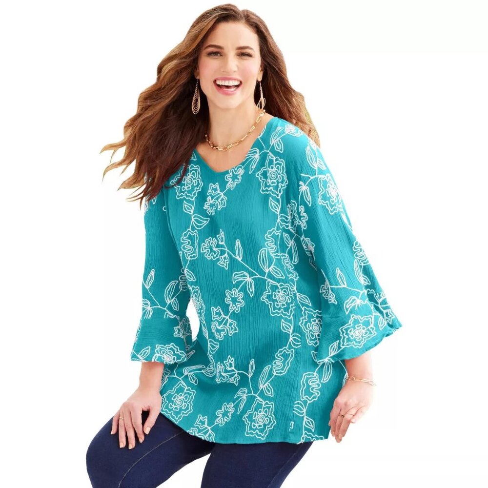 Catherines NWOT Women's Boho Embroidered Gauze Tunic Plus Size 3X Aqua Blue